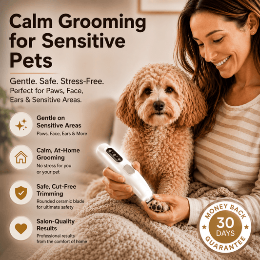 Swipe&Shed Pro Care Trimmer — woman trimming dog paws at home, calm and stress-free grooming for sensitive pets